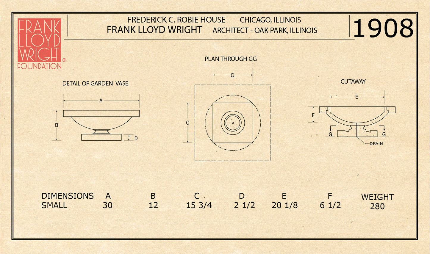 Architectural blueprint of a garden vase with dimensions and details, featuring the Frank Lloyd Wright Foundation logo.
