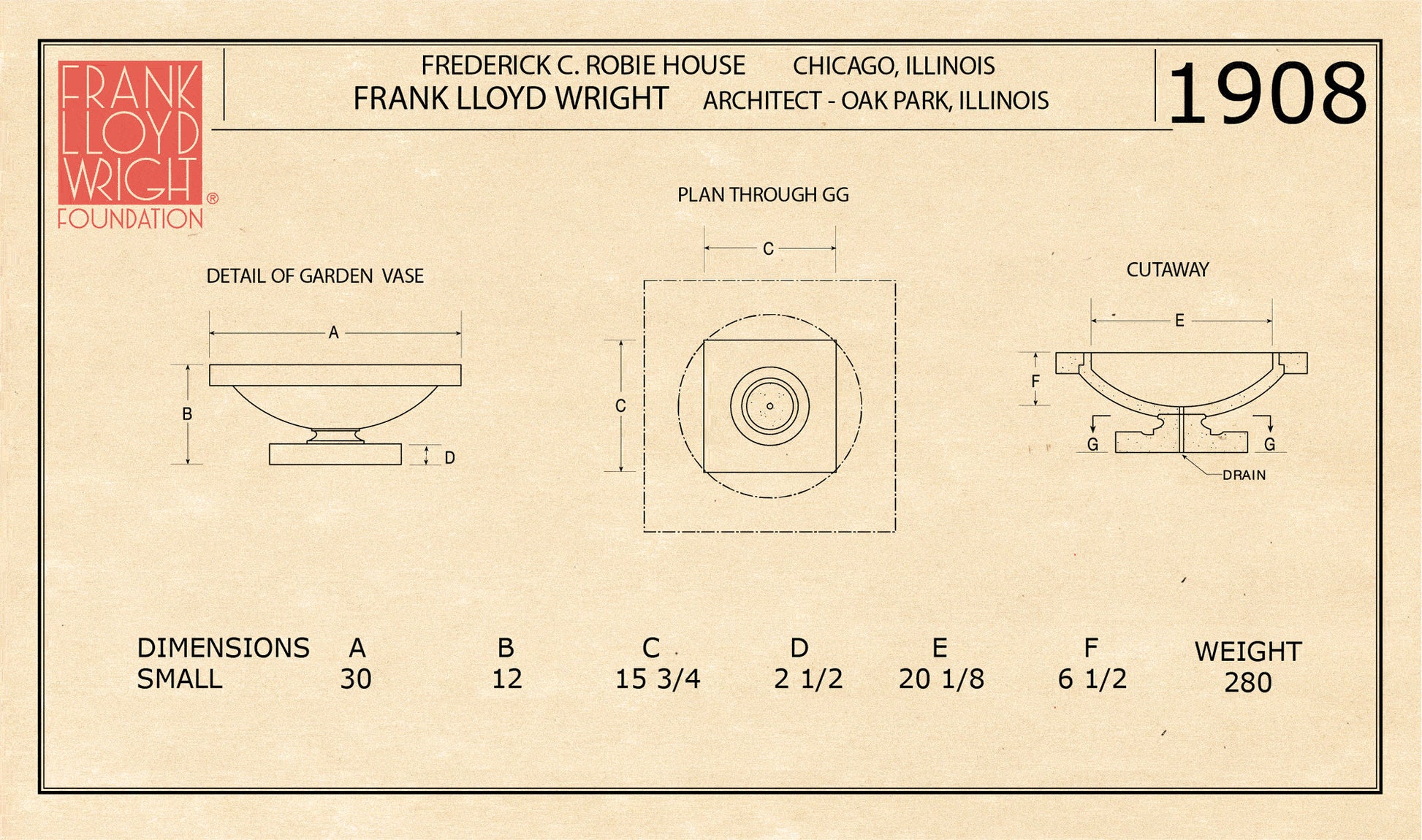 Architectural blueprint of a garden vase with dimensions and details, featuring the Frank Lloyd Wright Foundation logo.