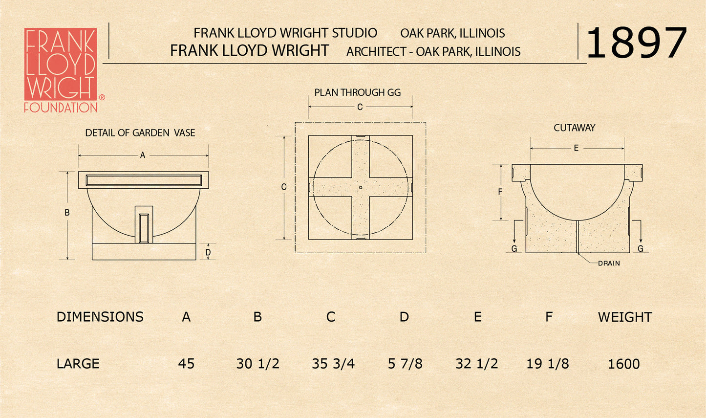 Blueprint of measurements of the Frank Lloyd Wright Oak Park Studio Architectural Vase