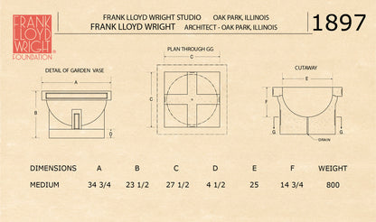 Technical drawing of a garden vase with dimensions and details, featuring the Frank Lloyd Wright Studio logo.