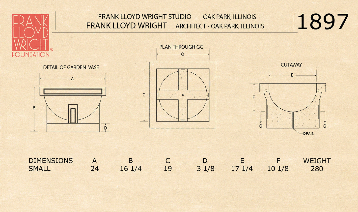 Technical drawing of a garden vase with dimensions and details, featuring the Frank Lloyd Wright Studio logo.