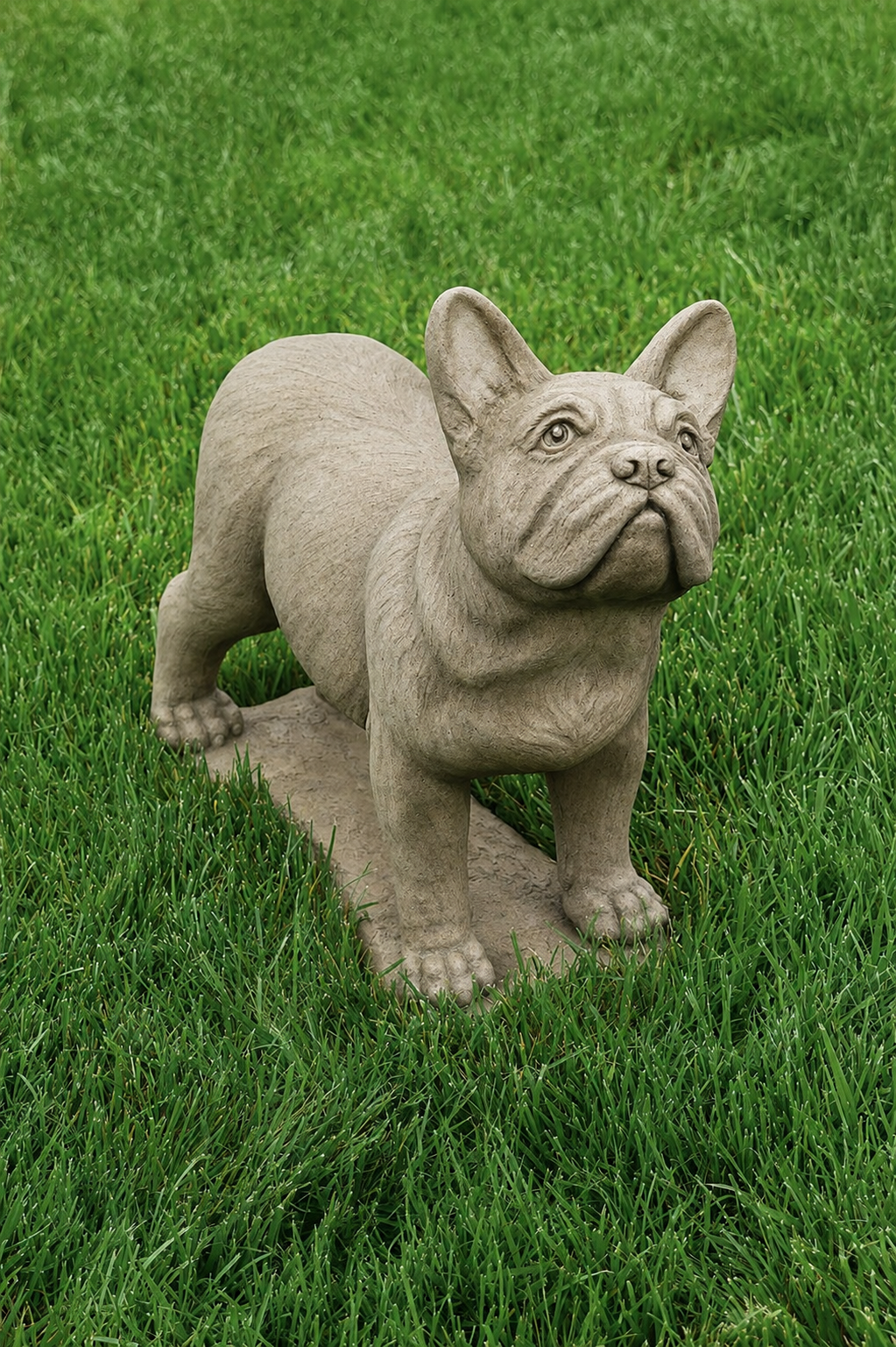 A realistic French Bulldog garden statue in a light gray concrete finish, standing on a patch of green grass.