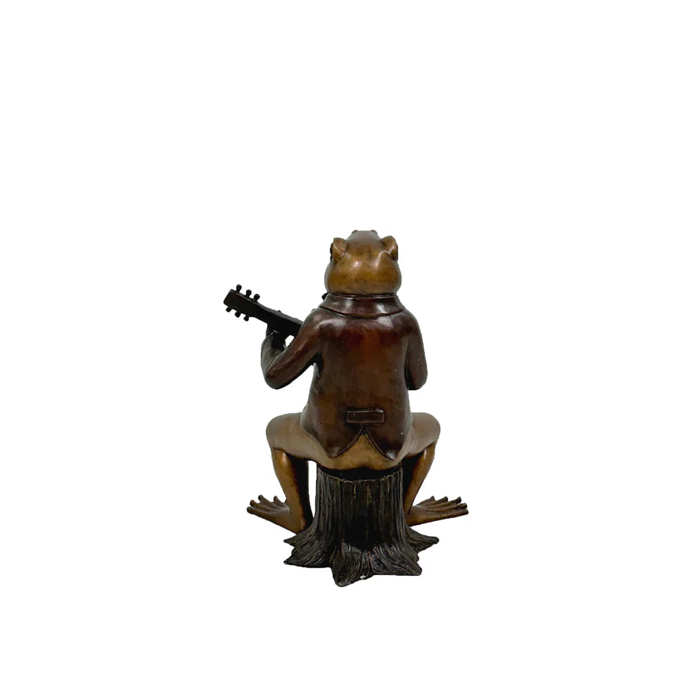 Back view of statue Frog Playing Guitar Bronze Sculpture