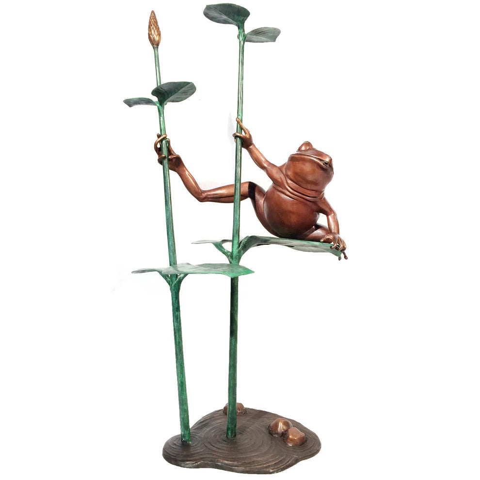 Frog on Reeds Bronze Water Feature Sculpture Pond Statue Spouting Water