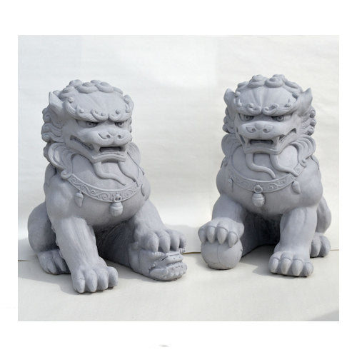 Chinese Guardian Lions Sculptures Dark Walnut Finish Outdoor Statuary Stone
