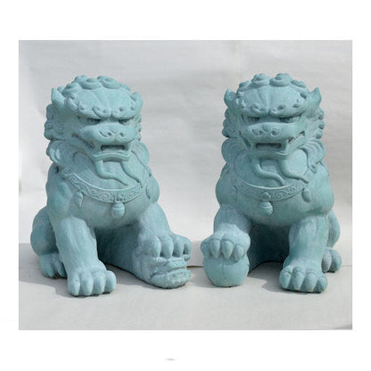 Chinese Guardian Lions Sculptures Dark Walnut Finish Outdoor Statuary Stone