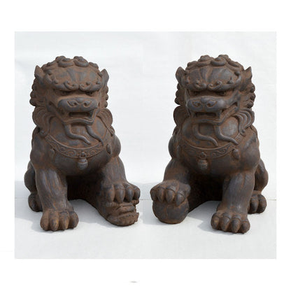 Chinese Guardian Lions Sculptures Dark Walnut Finish Outdoor Statuary Stone