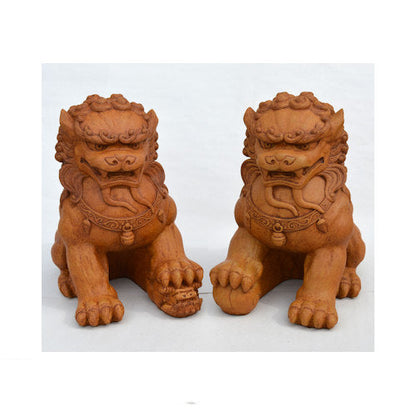 Chinese Guardian Lions Sculptures Dark Walnut Finish Outdoor Statuary Stone