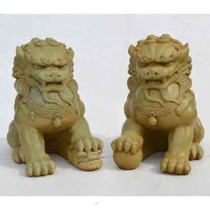 Chinese Guardian Lions Sculptures Dark Walnut Finish Outdoor Statuary Stone