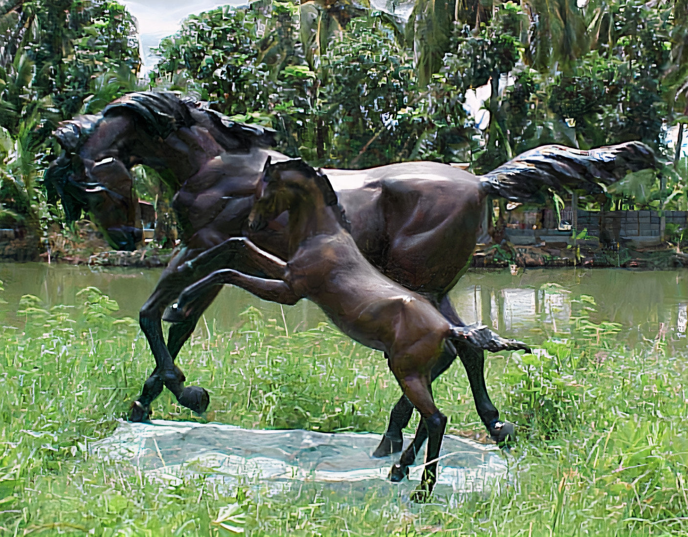 Bronze sculpture of a horse on grass with a pond and trees in the background
