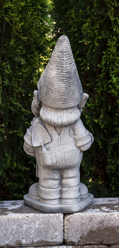 Back view of Gardener Garden Gnome with spade in back pocket statue