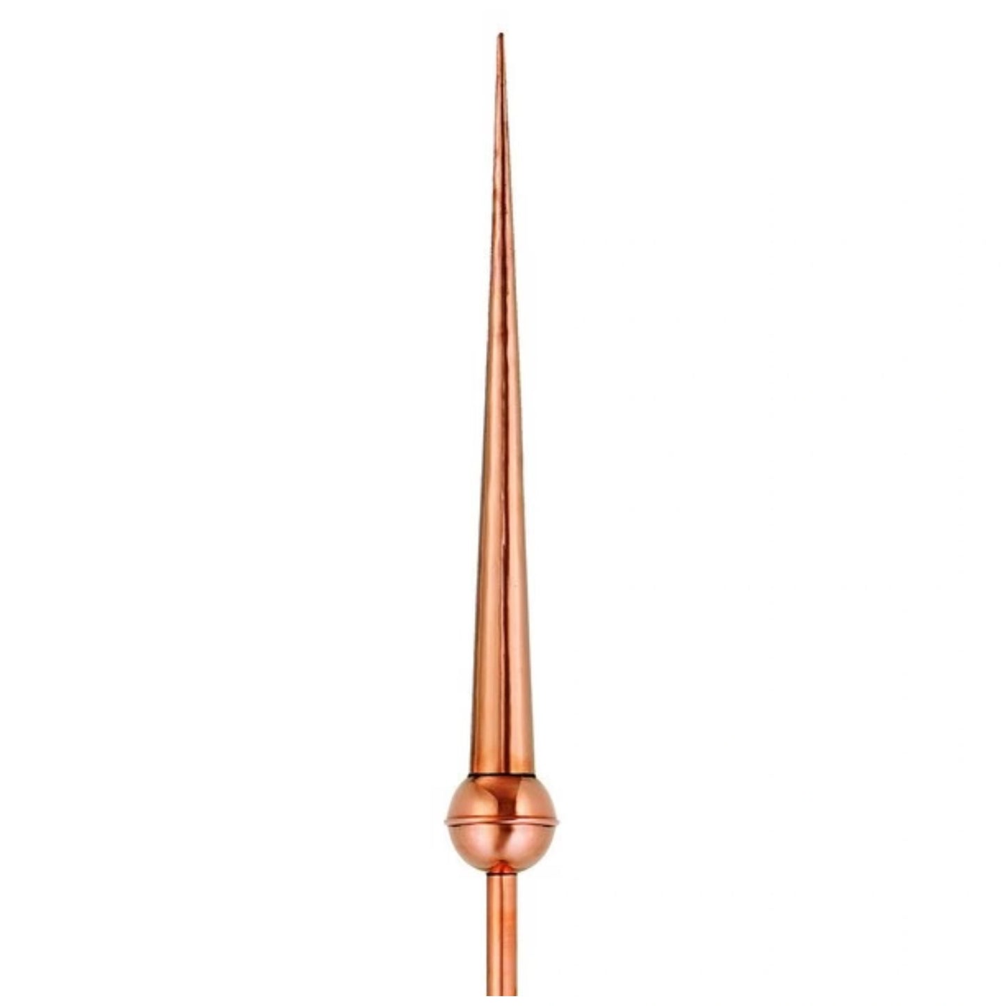 Slim copper finial with elongated spire and classic spherical base for rooftop or garden display.