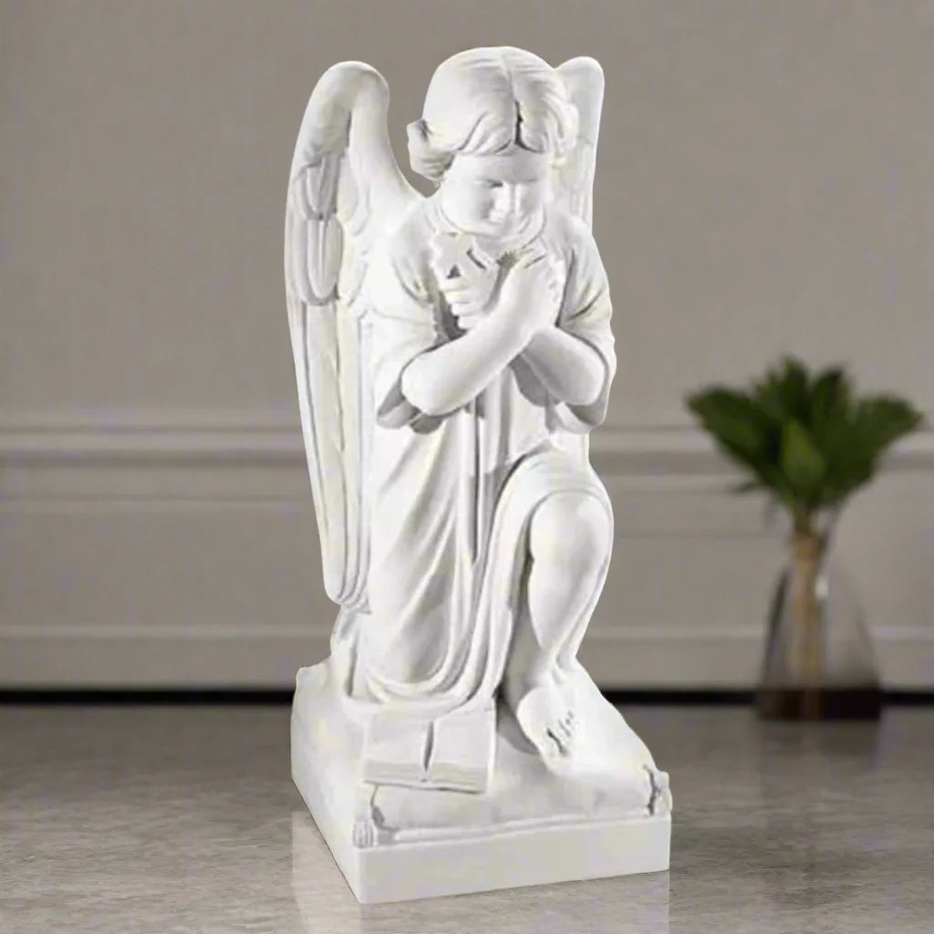 Girl Angel Praying With Cross Marble Sculpture
