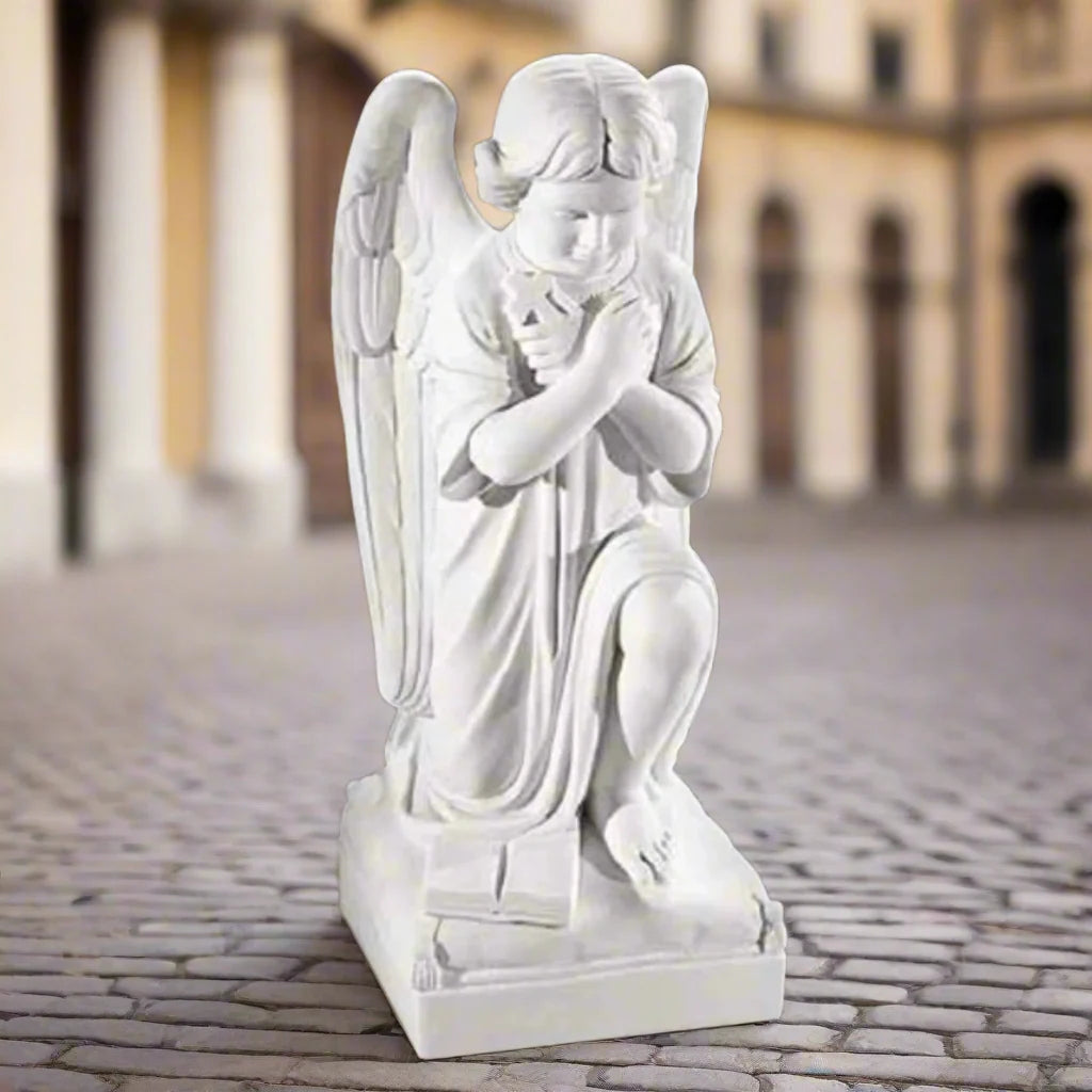 Girl Angel Praying With Cross Marble Sculpture