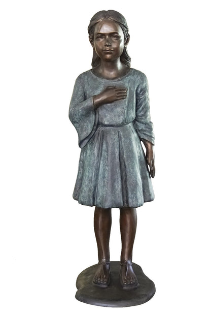 Life-Size Bronze Girl Pledge of Allegiance Sculpture – Green Patina High End School Statue Hand over heart