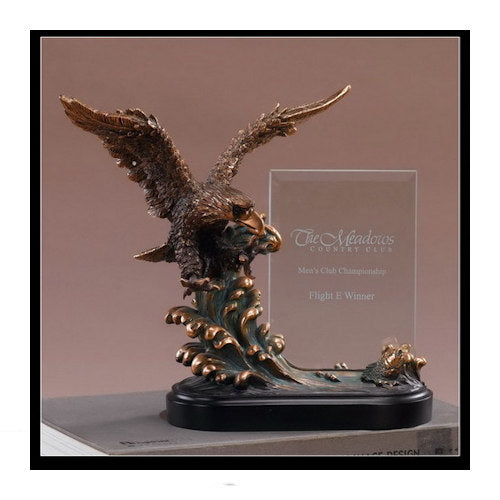 Glass eagle on wave award statue with bronze base glass eagle trophy patriotic award military recognition sculpture