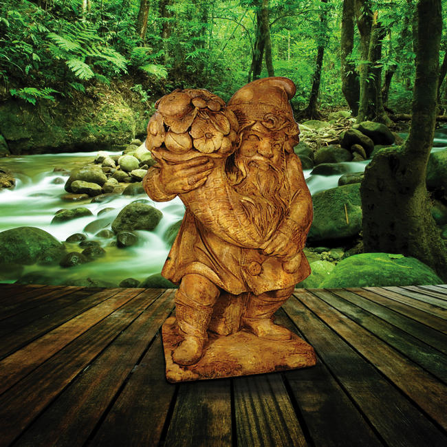 Gnome of Plenty cast stone garden statue holding cornucopia