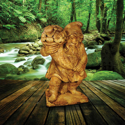 Gnome of Plenty cast stone garden statue holding cornucopia