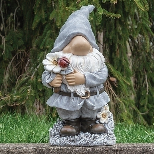 Whimsical Gnome with Flowers Garden Statue Holding Ladybug