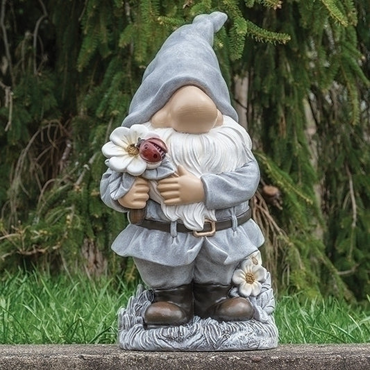 Whimsical Gnome with Flowers Garden Statue Holding Ladybug