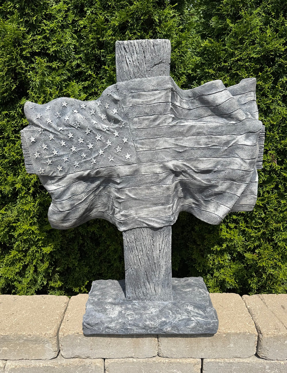 God and Country Cross Garden Statue with sculpted American flag