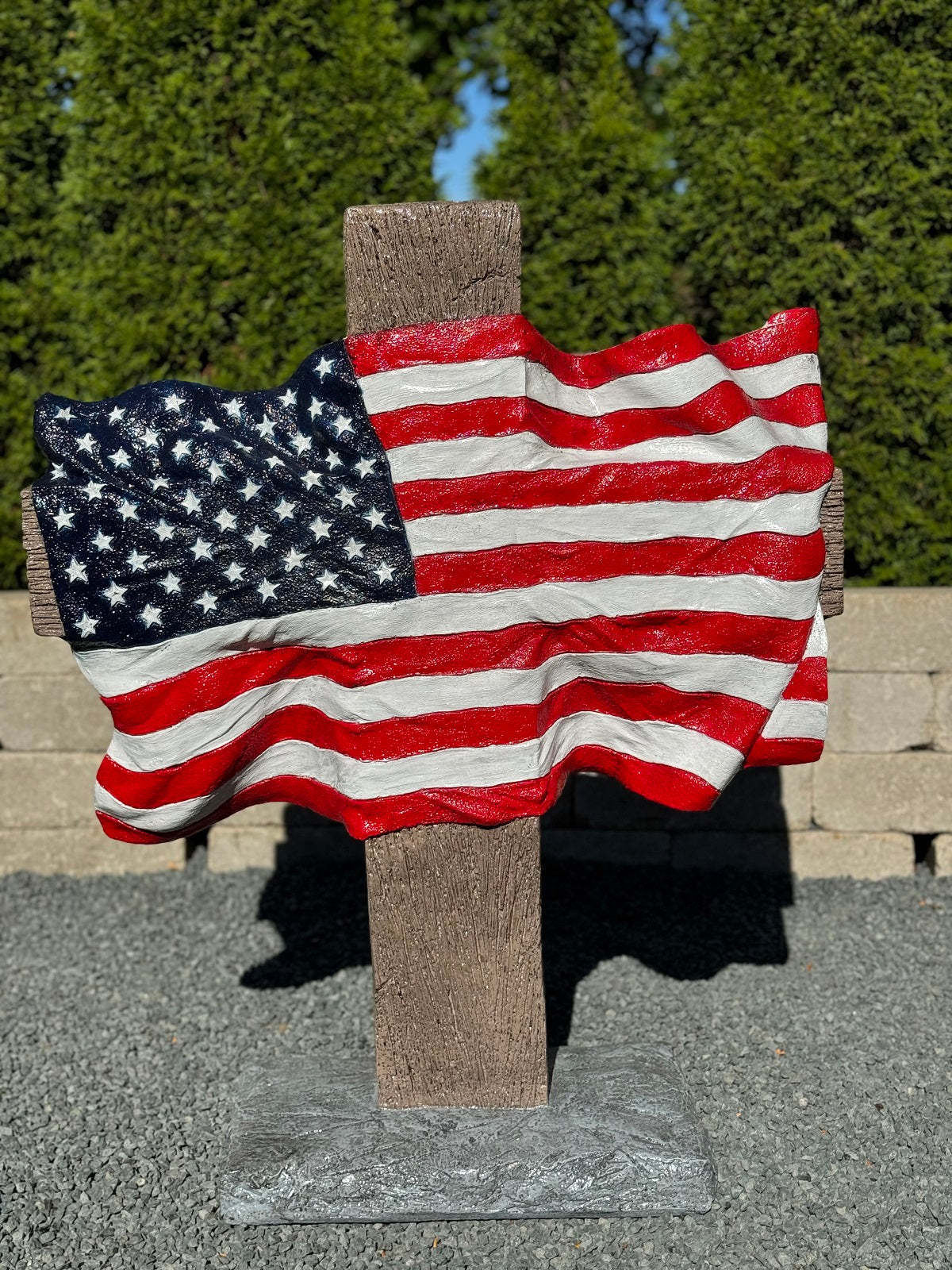 God and Country Flag Cross Garden Sculpture  colored Red white a blue