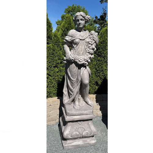 Goddess Spring  Life-Size Garden Statue on Italian Pedestal with garland flowers