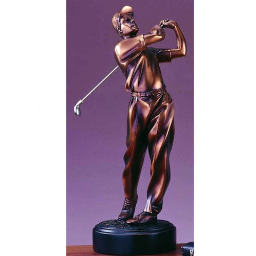 Bronze finish golfer sculpture capturing the spirit of the game refined golf award or trophy ideal for tournaments, clubs, and presentation gifts.