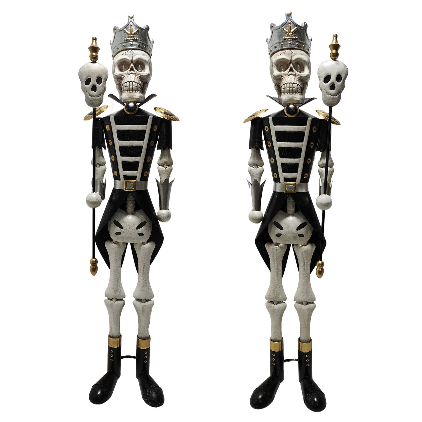 Gothic skeleton sentry pair wearing black silver and gold armor lighted Halloween statues