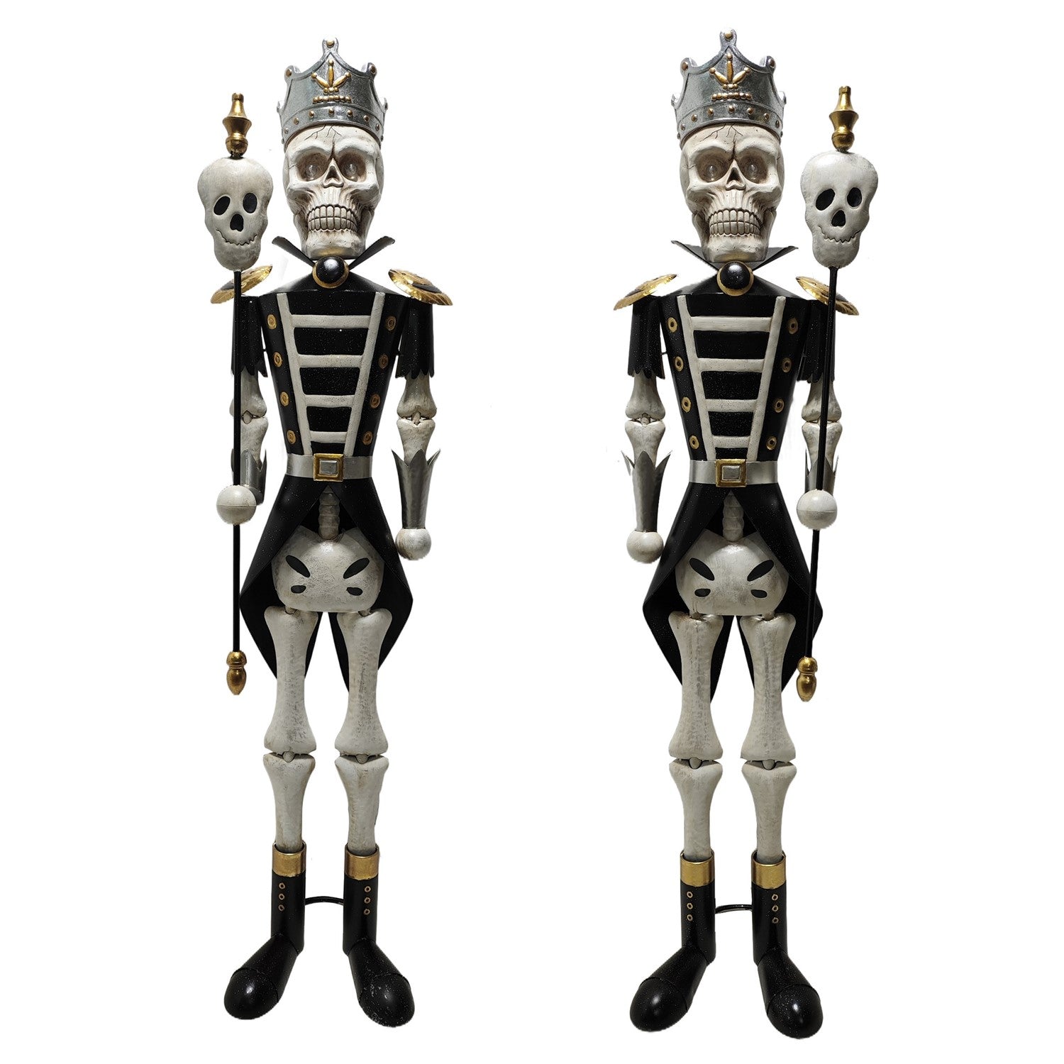 Gothic skeleton sentry pair wearing black silver and gold armor lighted Halloween statues