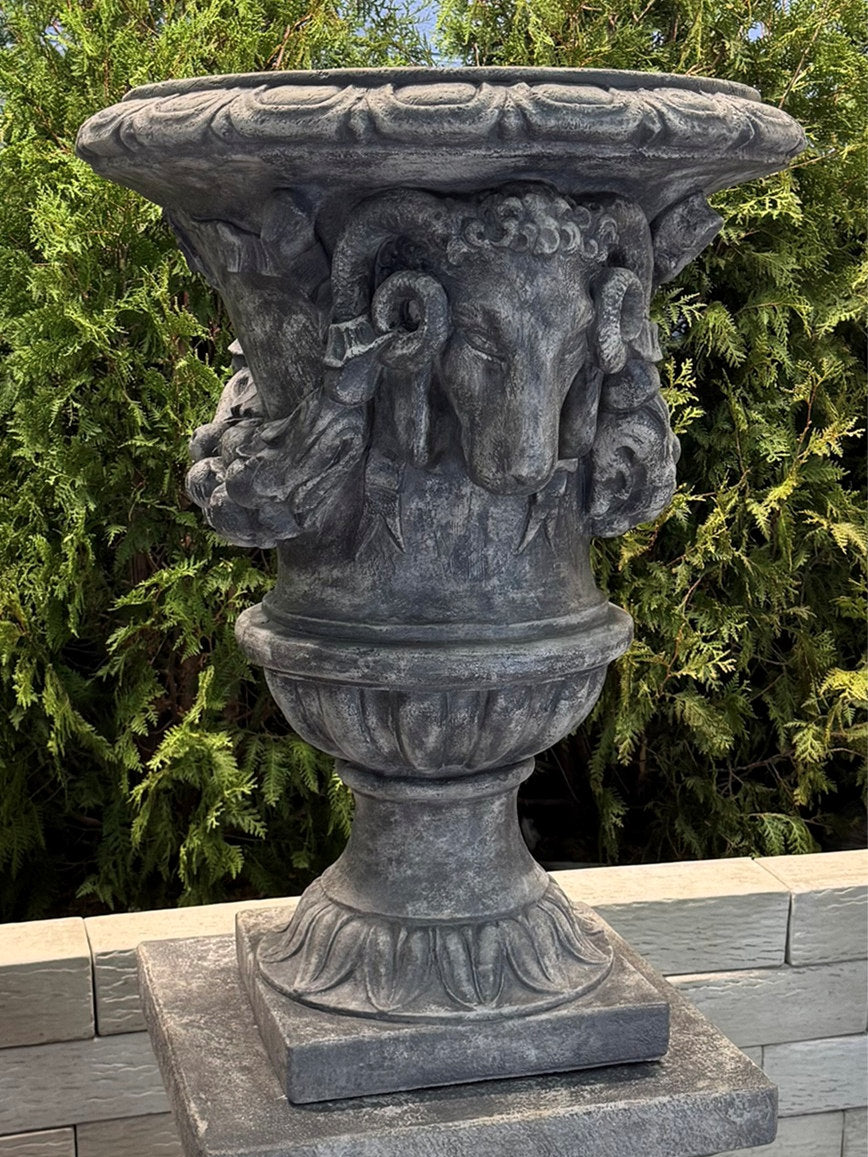 Classical Grand Ram’s Head estate garden urn planter crafted in cast stone
