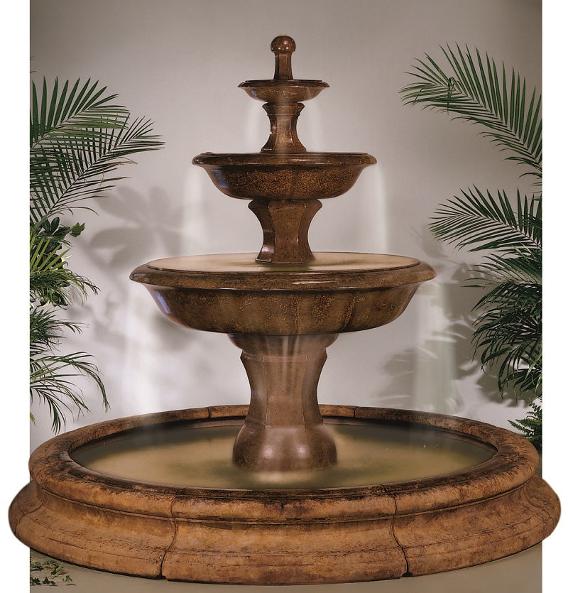 Large three-tier cast stone fountain with Toscana Pool surround
