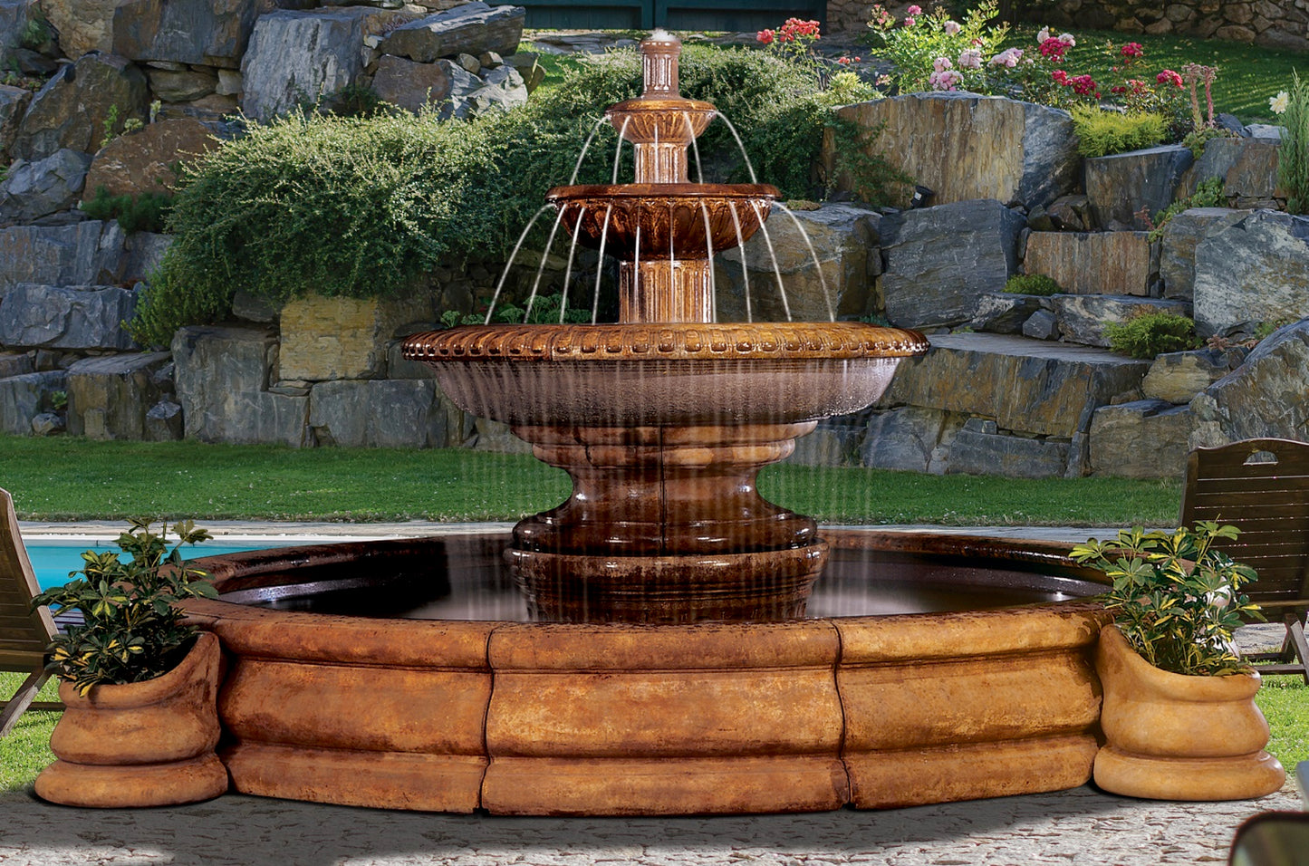 Grande Palazzo Fluted Fountain  with two planters a colossal centerpiece water feature made of stone