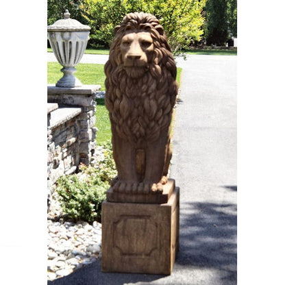 Grand Sitting Lion Cement Statue on Plinth base pedestal Regal Sculpture