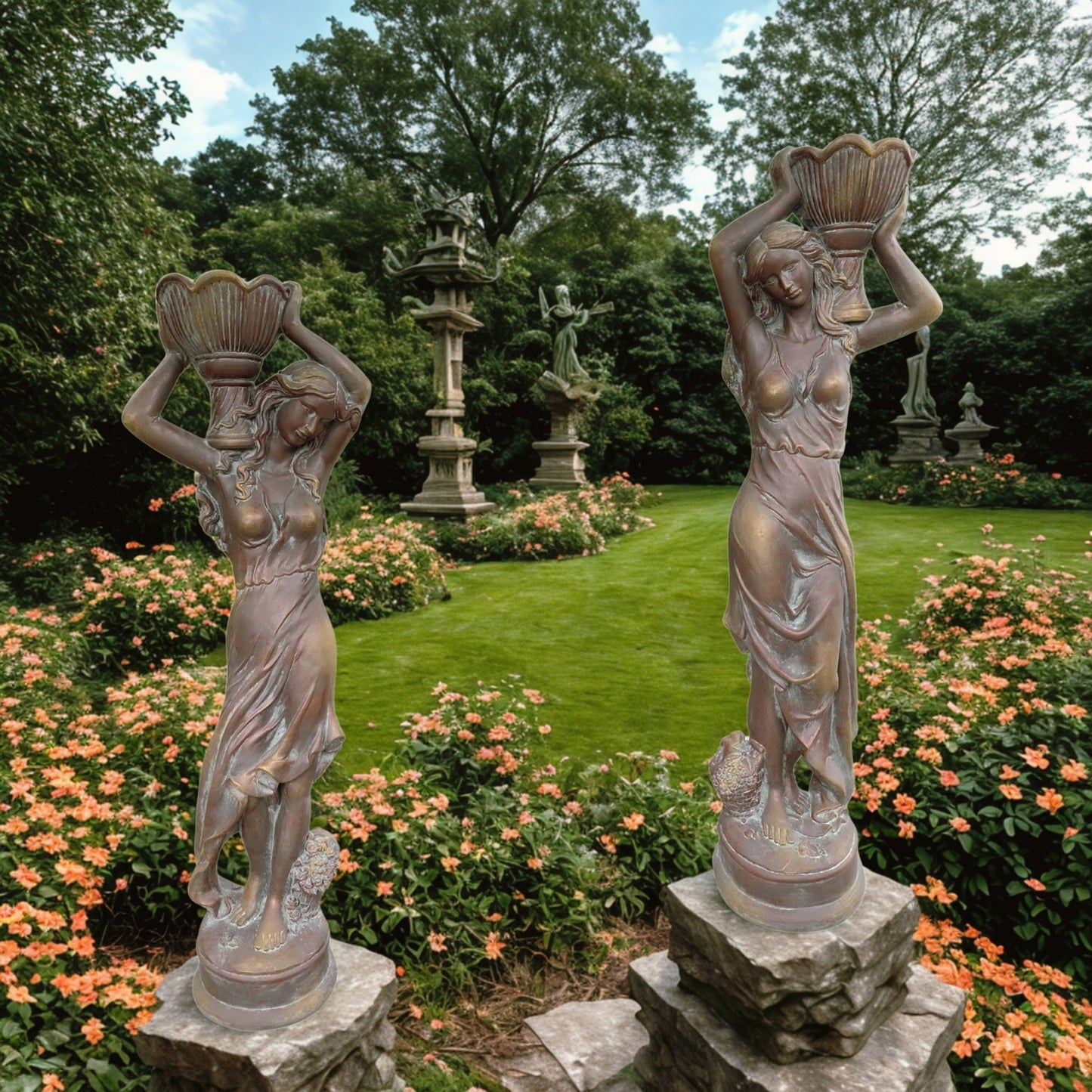 Greco-Roman Lady Planter Sculptures life-size statues with urns on shoulders