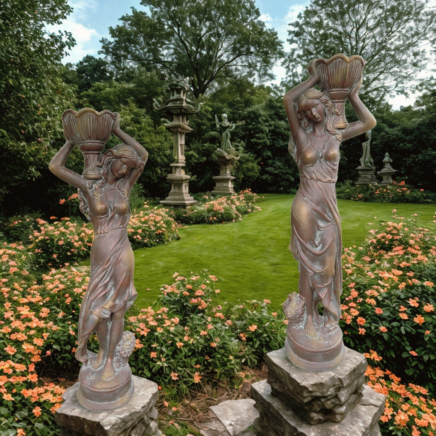 Greco-Roman Lady Planter Sculptures life-size statues with urns on shoulders