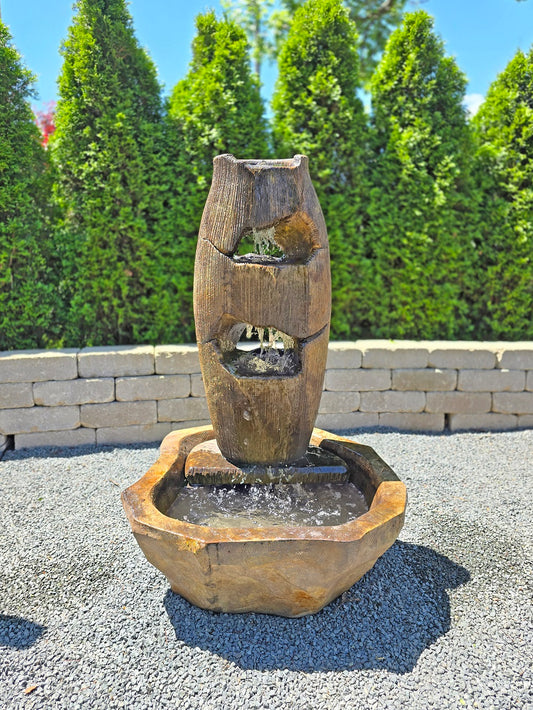 Grotto Three-Level Lighted Fountain Organic Canyon Design Cast Stone Rustic woodland