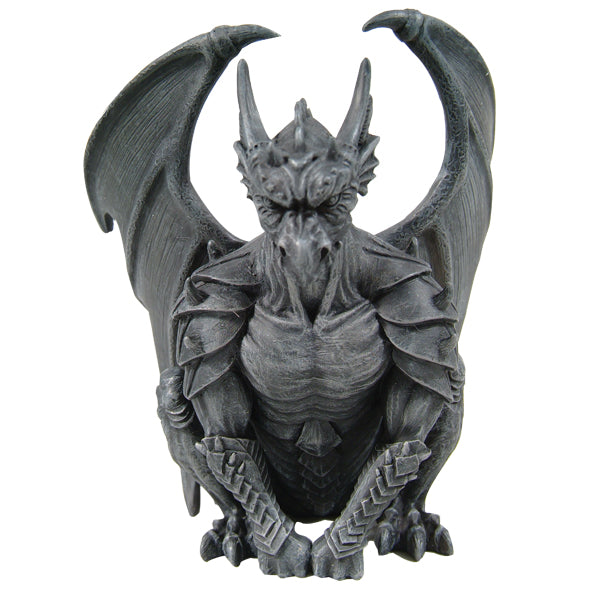 Gray dragon statue with detailed wings and armor on a white background