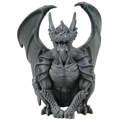 Gray dragon statue with detailed wings and armor on a white background