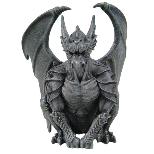 Gray dragon statue with detailed wings and armor on a white background