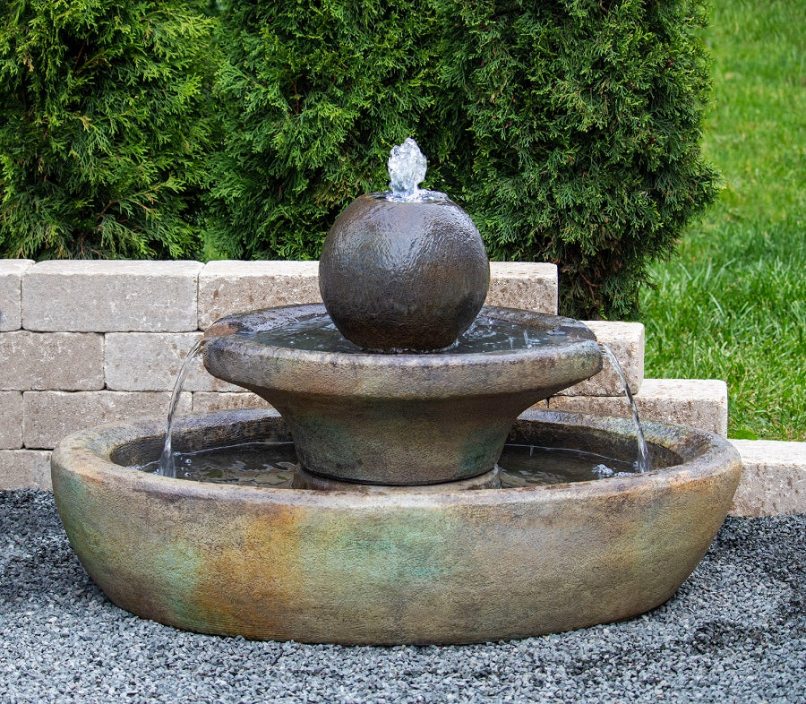Hampton cast stone fountain with bubbling sphere and copper spills