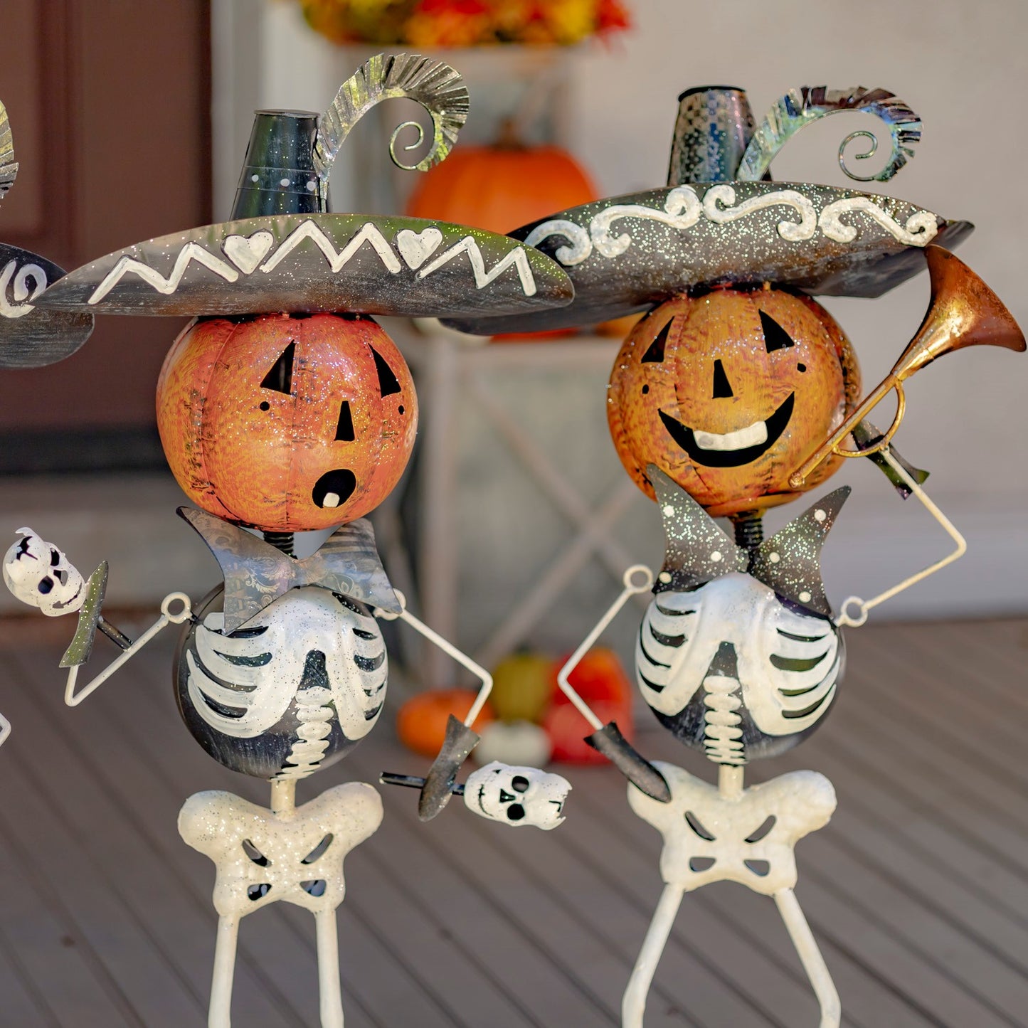Hand-painted Halloween skeleton band wearing large sombreros