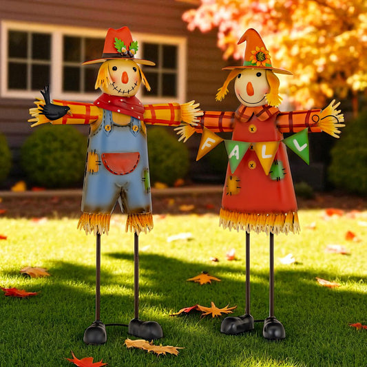 Happy Harvest Scarecrow Couple with Crow and Banner fall garden statues made of iron