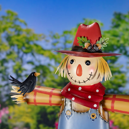 Harvest Scarecrow Couple with Crow and Banner statue close up of bird