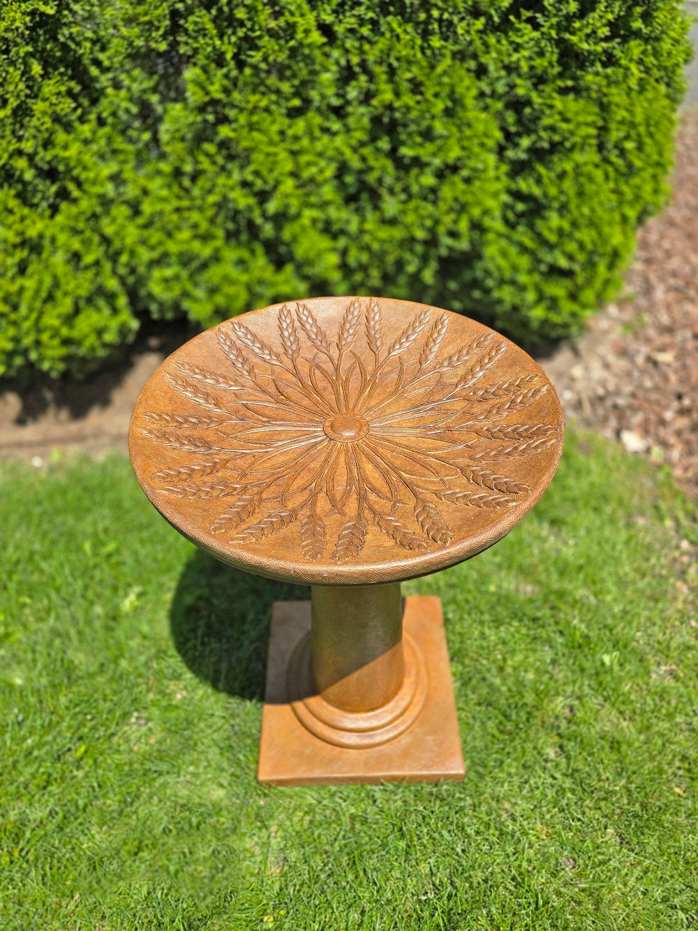 Harvest Sunburst Birdbath top view of wheat and barley high relief basin