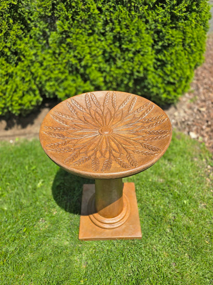 Harvest Sunburst Birdbath top view of wheat and barley high relief basin