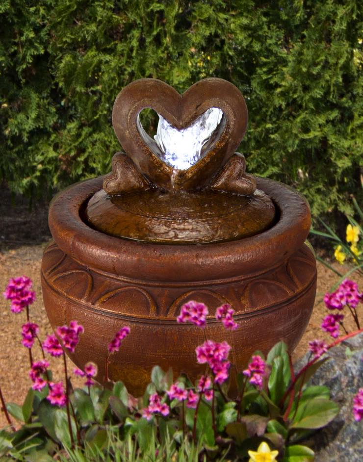 Double heart cast stone garden fountain with illuminated water