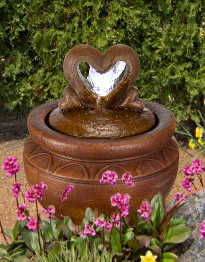 Double heart cast stone garden fountain with illuminated water
