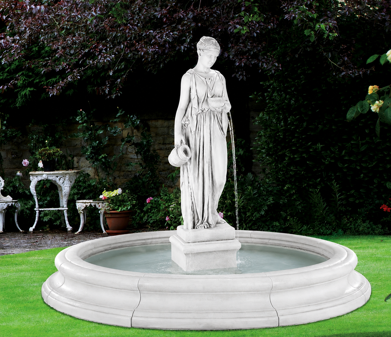 Hebe Goddess of Youth Life-Size Statue Water Feature Garden Fountain with pool surround Grecian