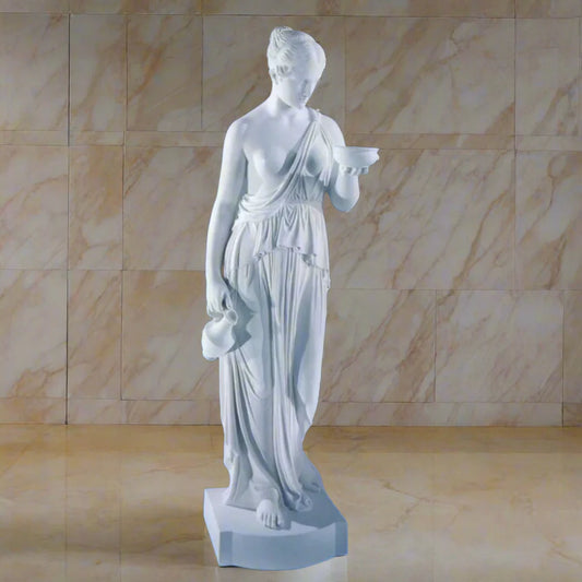 Italian marble woman statue, 65-inch Hebe sculpture suited for patios, estate gardens, or high-end outdoor design
